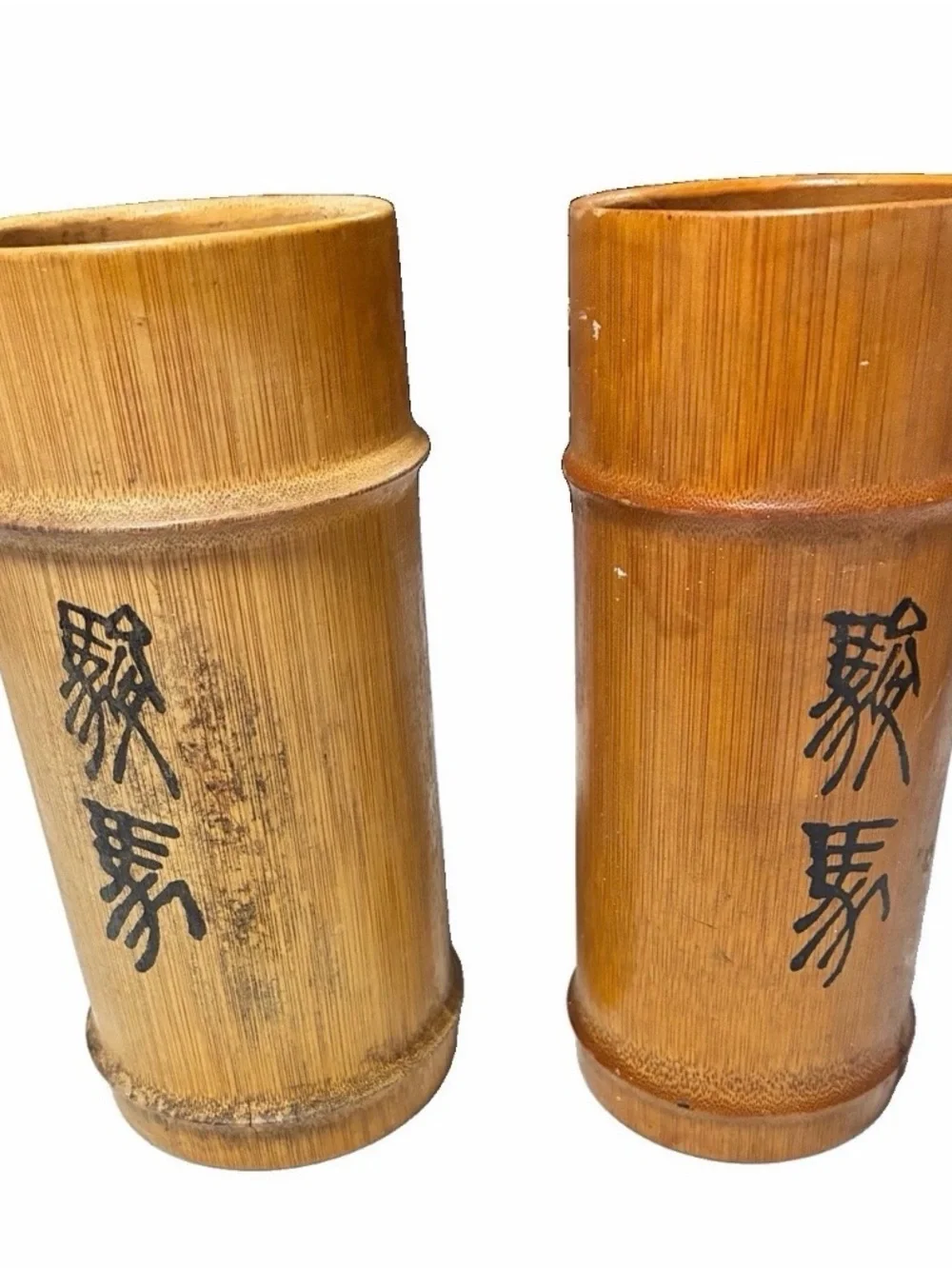 Vintage Asian Hand painted Bamboo Vases Lot of 2 Seven and 1/2 Inches Tall